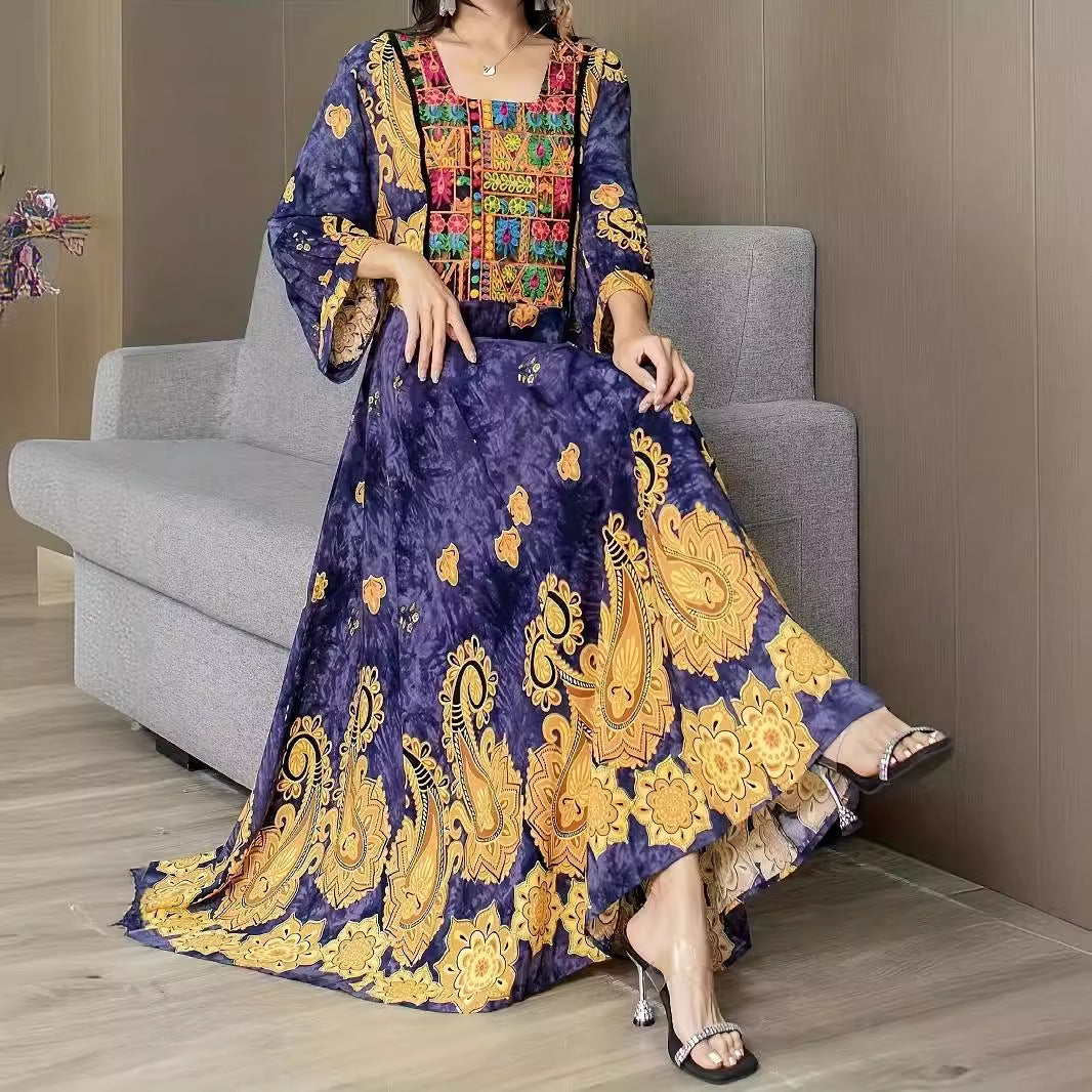 Women's maxi dress bohemian floral print elegant long sleeves