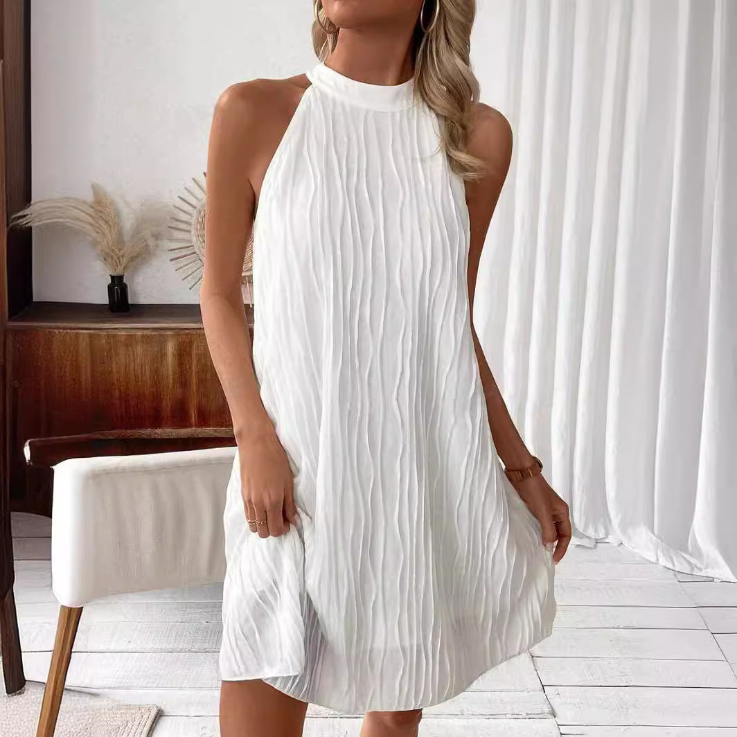 Women's mini dress backless elegant pure color halter neck