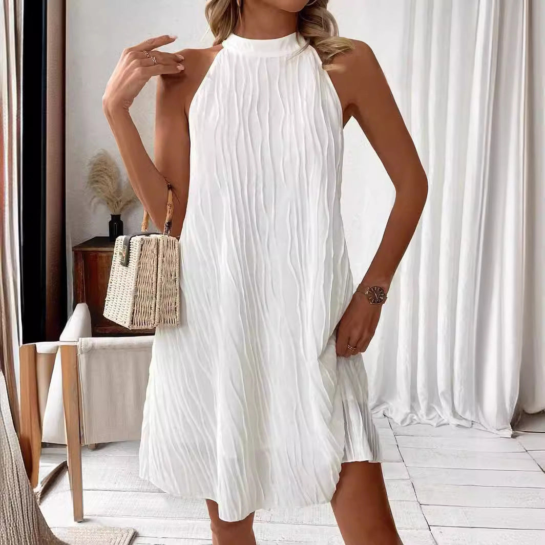 Women's mini dress backless elegant pure color halter neck