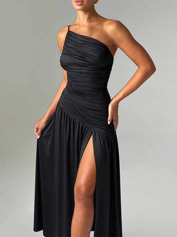 Women's dress evening trapeze split gathered off shoulders