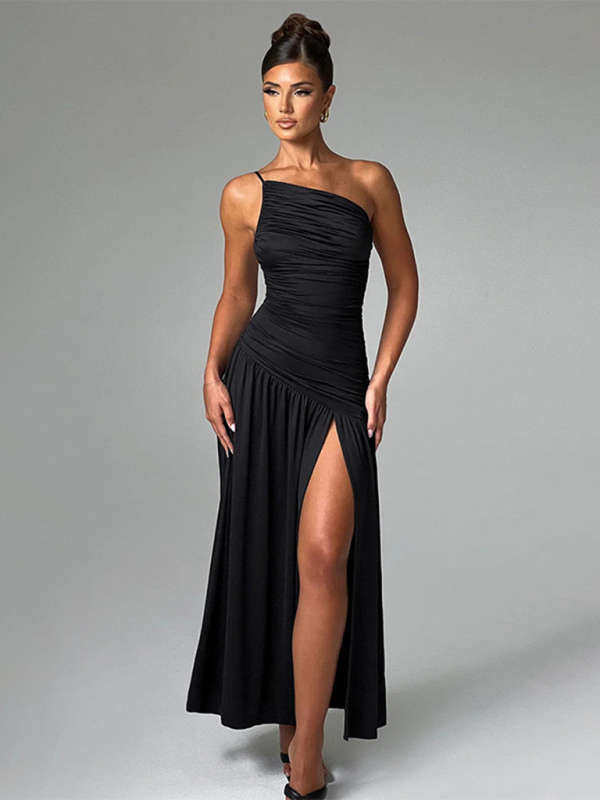 Women's dress evening trapeze split gathered off shoulders