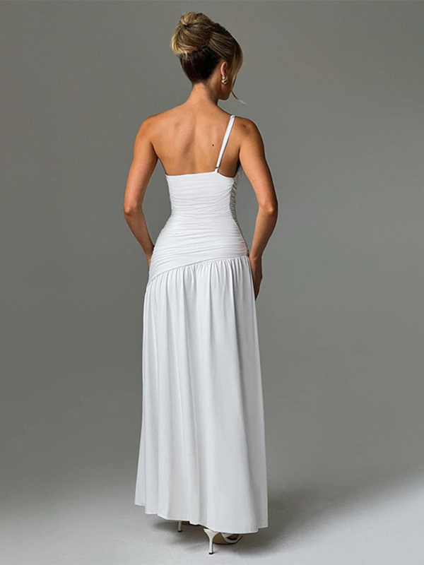 Women's dress evening trapeze split gathered off shoulders