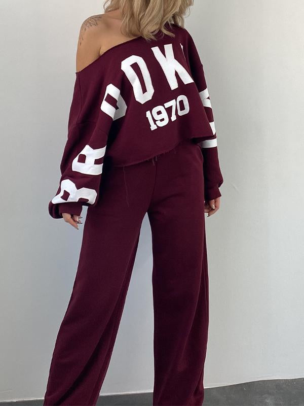 Women's Slope Collar Letter Print Sports Two-piece Set