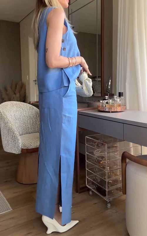 Women's Round Neck Sleeveless Solid Color Two Piece Suit