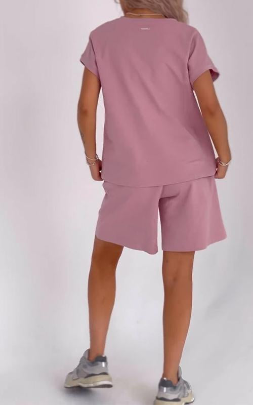 Women's V-neck Solid Color Short-sleeved Two-piece Suit