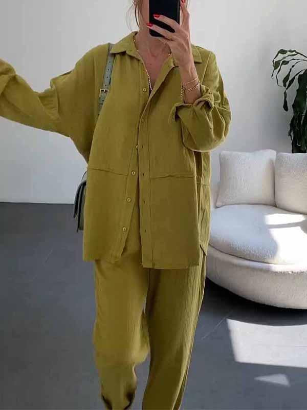 Women's Lapel Solid Color Cotton and Linen Two-piece Suit