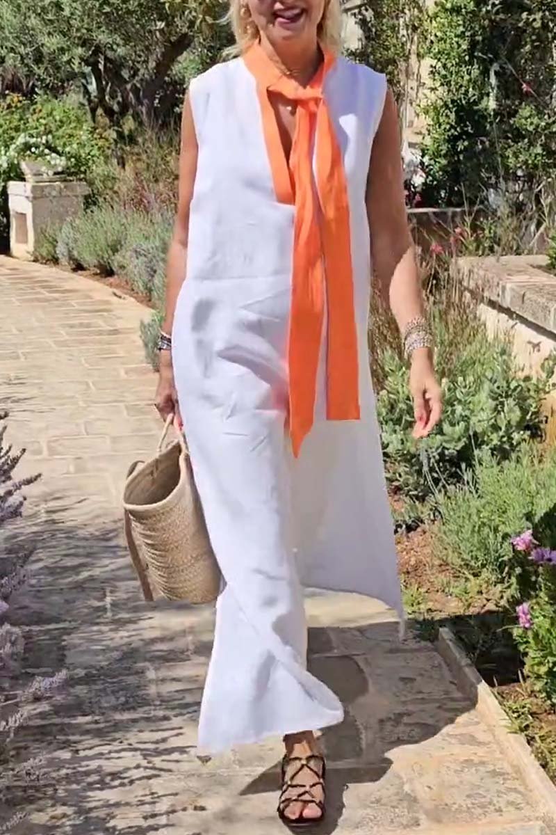 Women's casual neckline contrast sleeveless cotton and linen dress