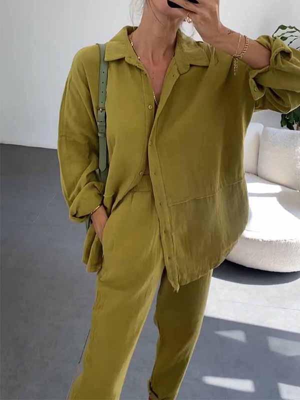 Women's Lapel Solid Color Cotton and Linen Two-piece Suit