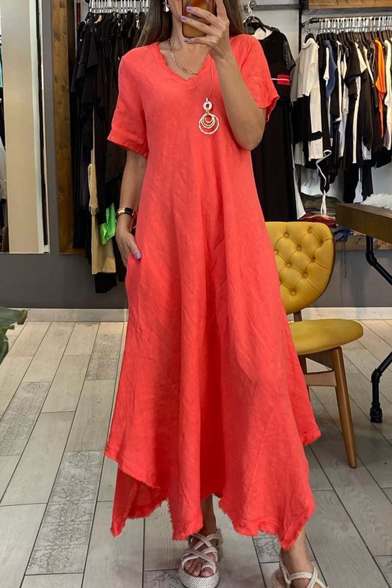 Women's casual V-neck short-sleeved cotton and linen dress
