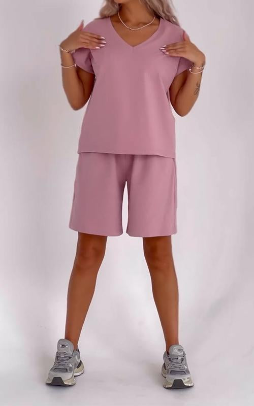 Women's V-neck Solid Color Short-sleeved Two-piece Suit