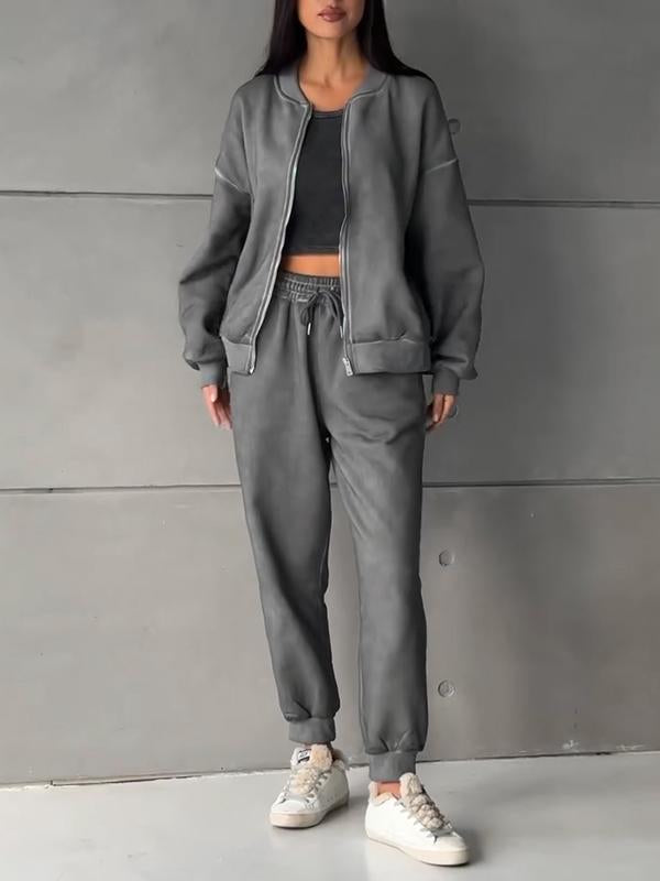 Women's Round-neck Solid Color Zippered Sports Two-piece Suit
