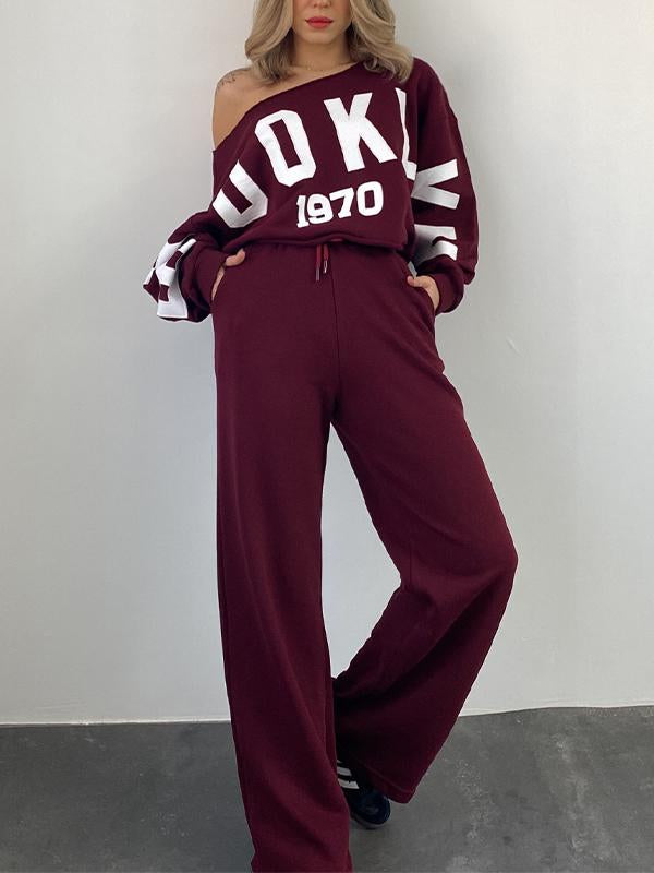 Women's Slope Collar Letter Print Sports Two-piece Set