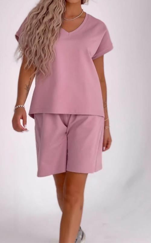 Women's V-neck Solid Color Short-sleeved Two-piece Suit