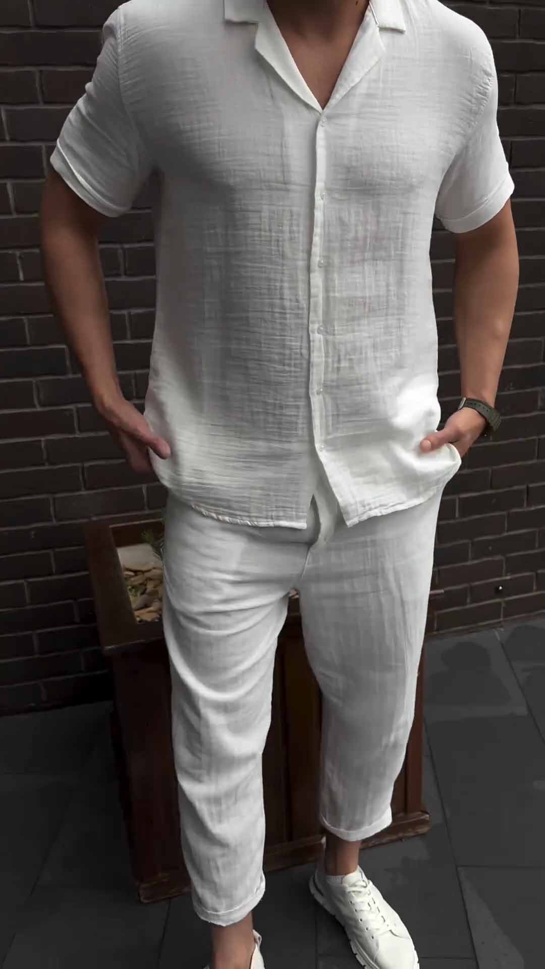 Men's Lapel Cotton and Linen Two Piece Suit