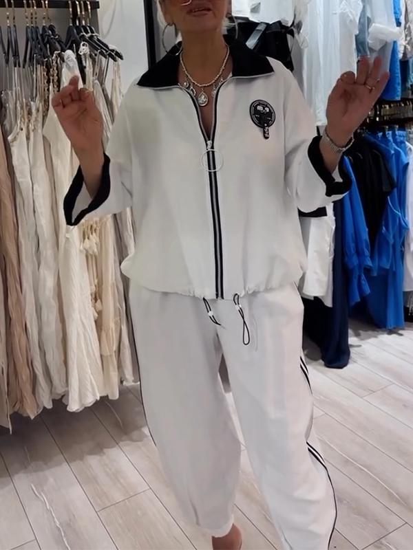 Women's Casual Lapel Collar Zipper Sports Two-piece Suit