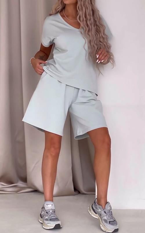 Women's V-neck Solid Color Short-sleeved Two-piece Suit