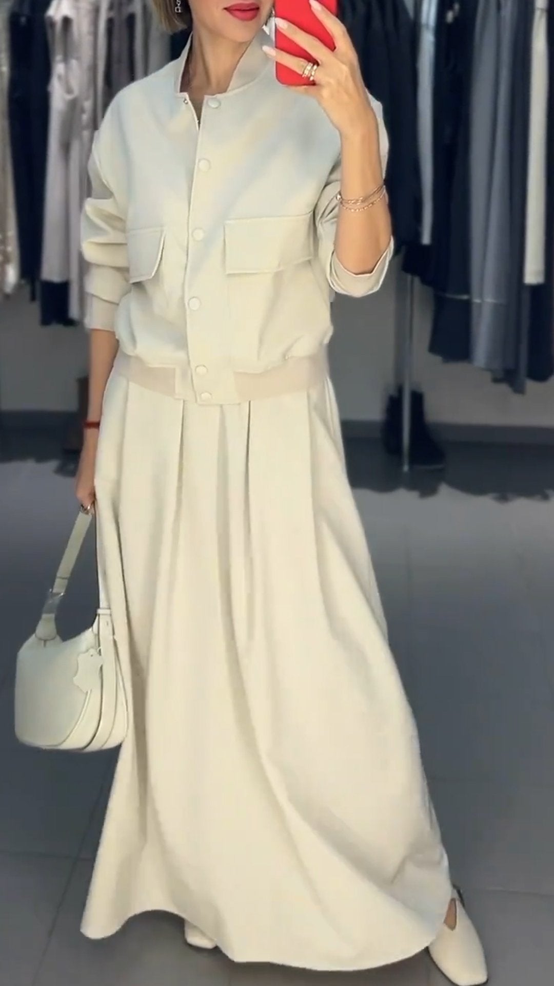 Women's Round-neck Single-breasted Solid Color Long-sleeved Two-piece Suit