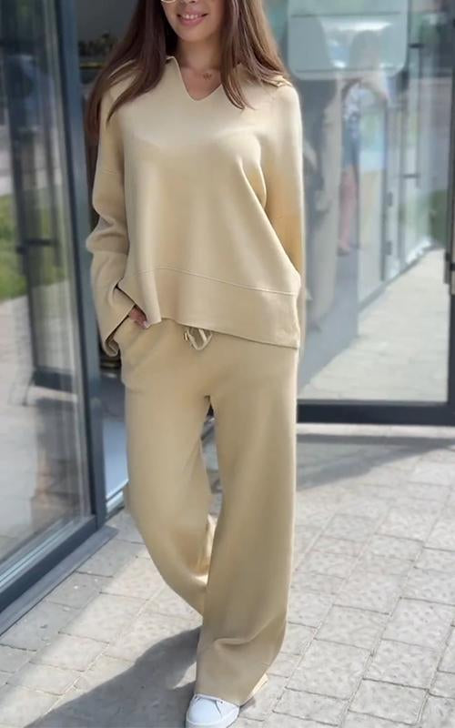 Women's V-neck Solid Color Long-sleeved Two-piece Suit