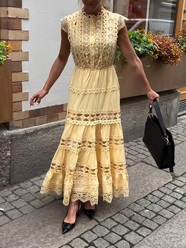 Women's Round Neck Solid Color Hollow Dress