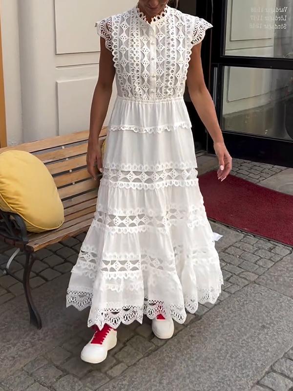 Women's Round Neck Solid Color Hollow Dress