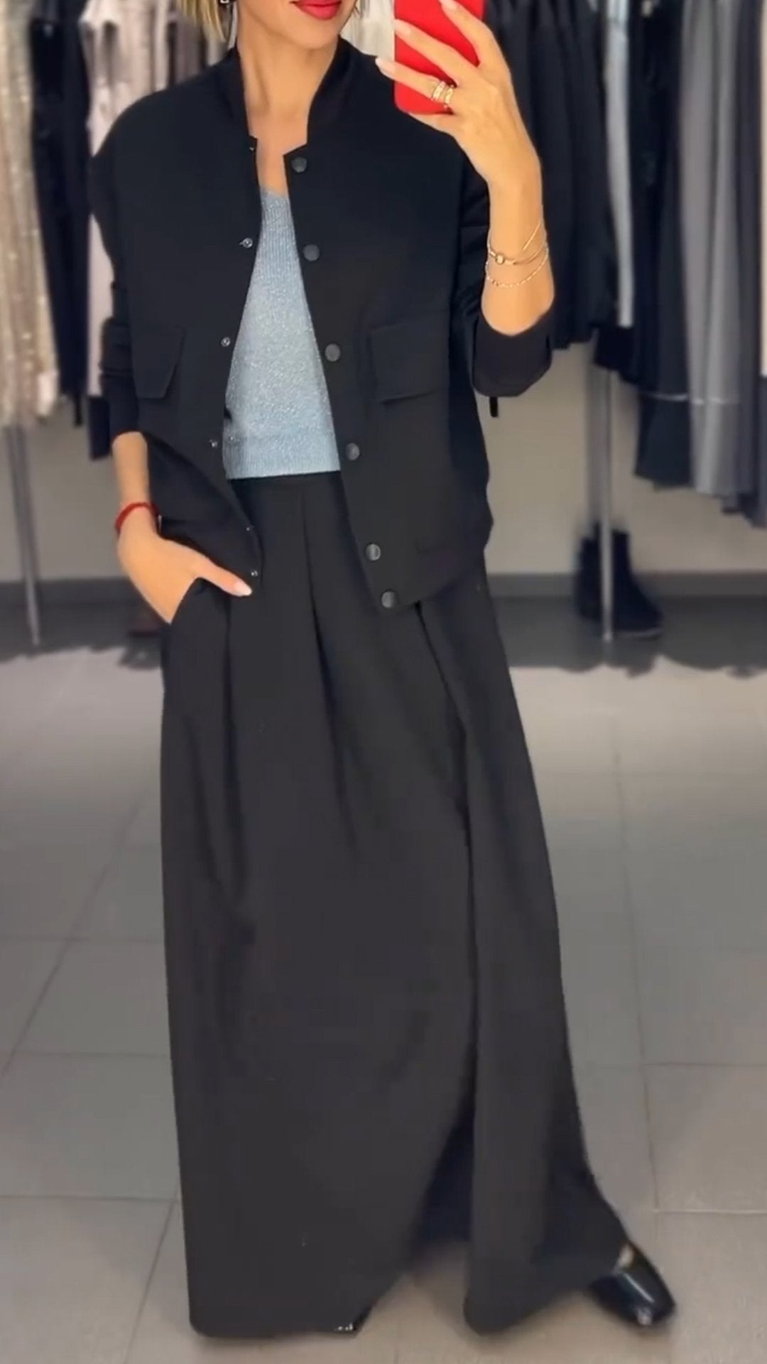 Women's Round-neck Single-breasted Solid Color Long-sleeved Two-piece Suit