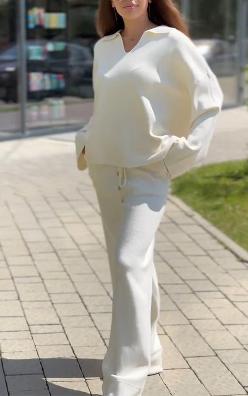 Women's V-neck Solid Color Long-sleeved Two-piece Suit