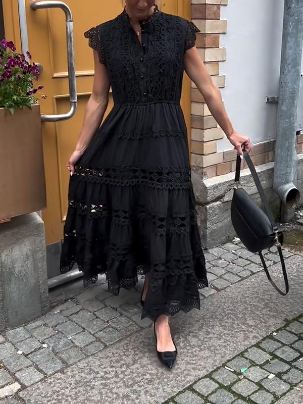 Women's Round Neck Solid Color Hollow Dress