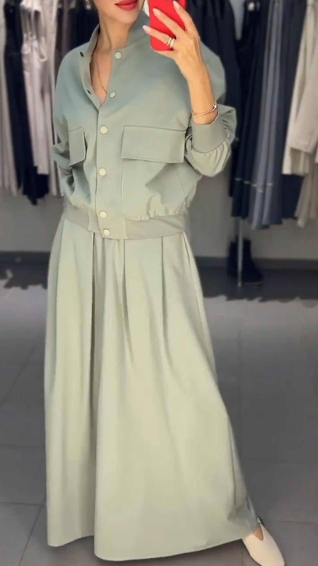 Women's Round-neck Single-breasted Solid Color Long-sleeved Two-piece Suit