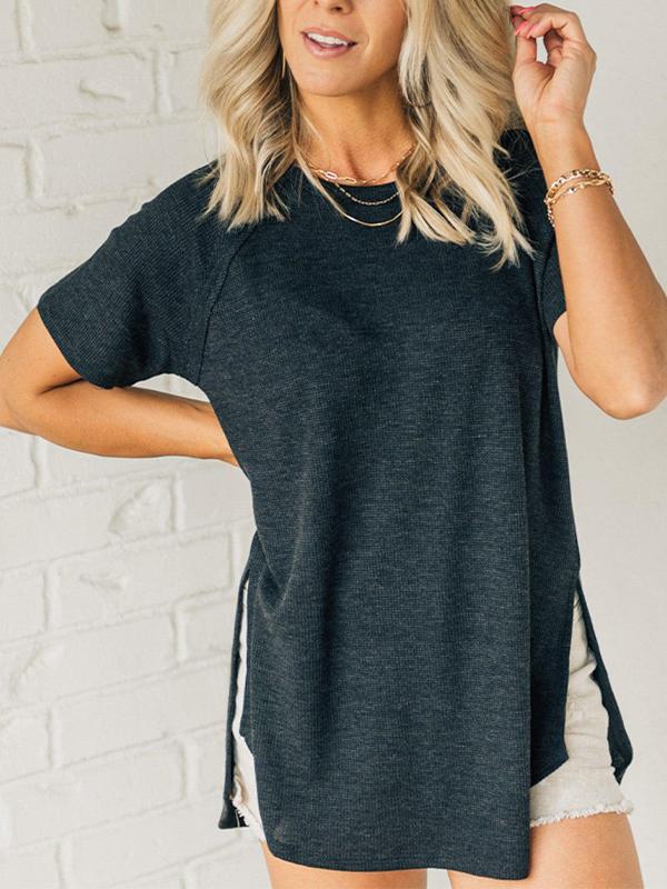 Women's Round Neck Solid Color Ribbed Short Sleeve Top