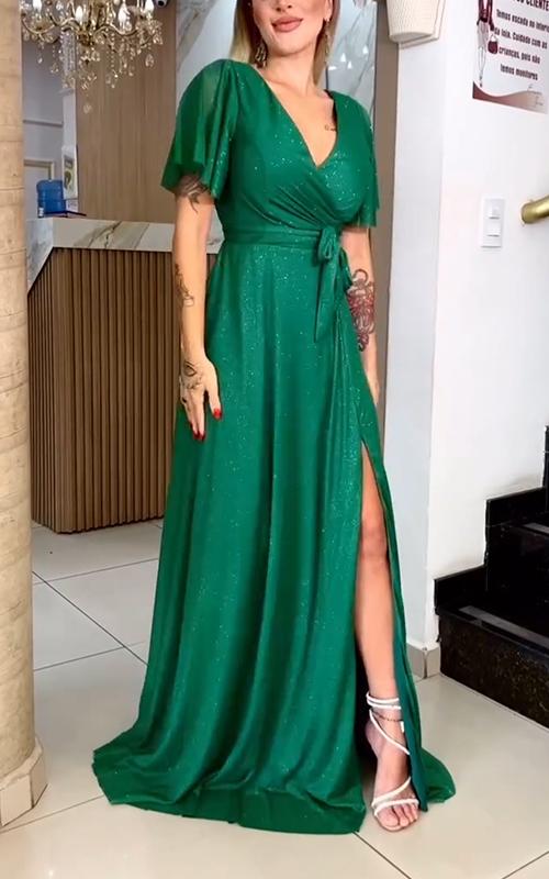 Women's V-neck Solid Color Side-opening Short-sleeved Waisted Evening Dress