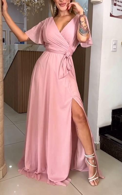 Women's V-neck Solid Color Side-opening Short-sleeved Waisted Evening Dress