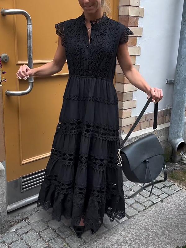 Women's Round Neck Solid Color Hollow Dress