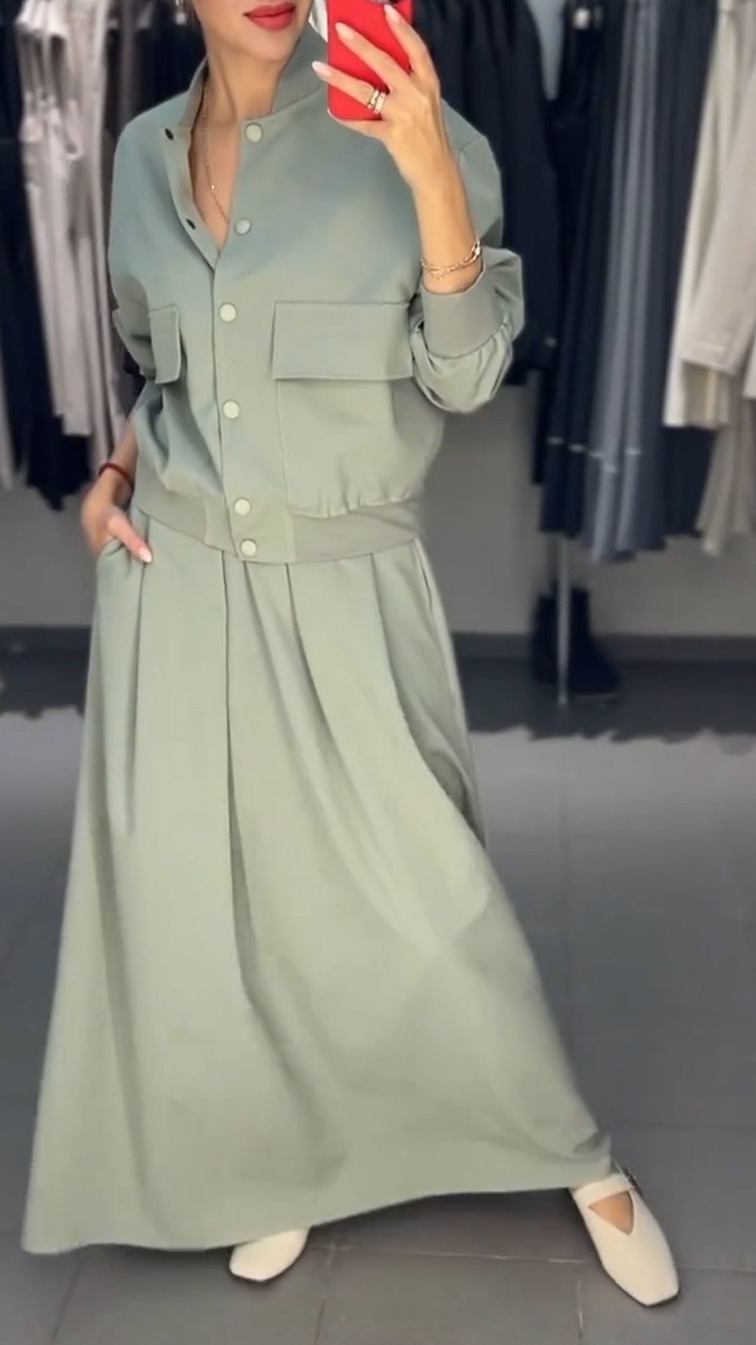 Women's Round-neck Single-breasted Solid Color Long-sleeved Two-piece Suit