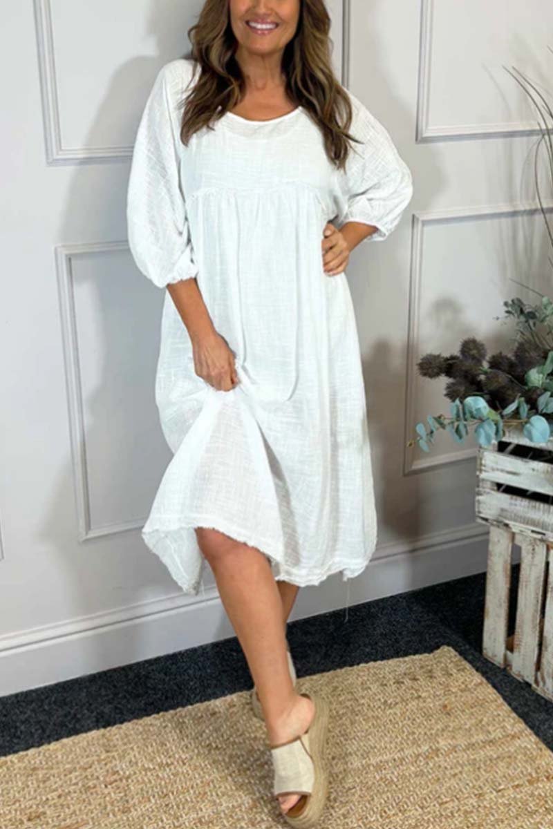 Women's casual solid color cotton and linen half-sleeved dress