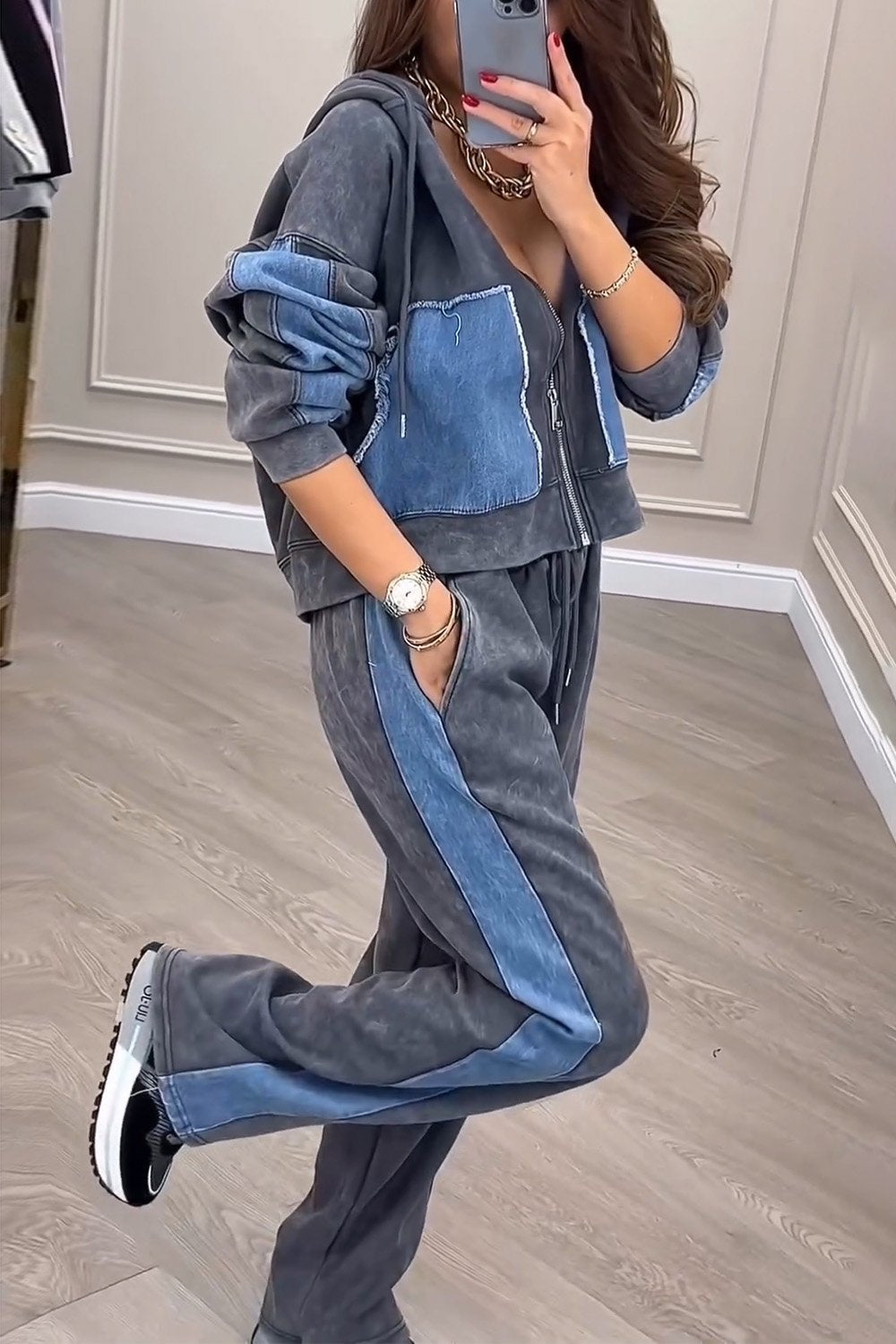 Women's Knitted Patchwork Denim Cardigan Top and Pants Two-piece Set