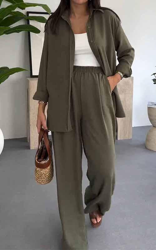 Women's Lapel Single Breasted Shirt Paired with Long Pants Two Piece Suit