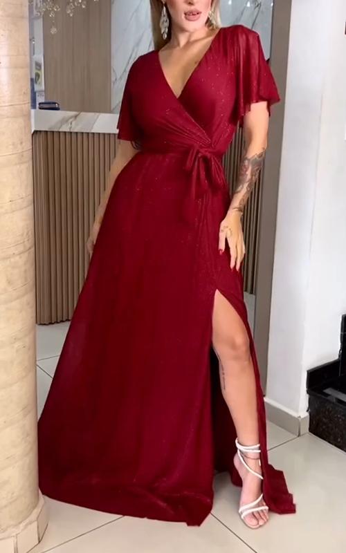 Women's V-neck Solid Color Side-opening Short-sleeved Waisted Evening Dress