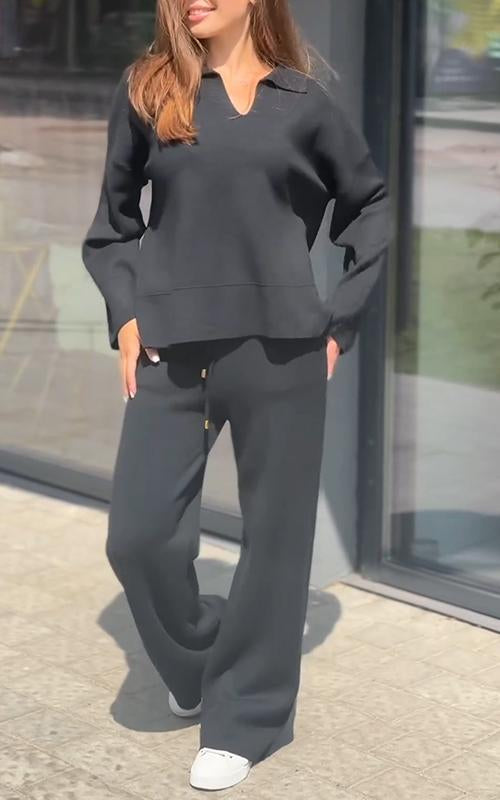Women's V-neck Solid Color Long-sleeved Two-piece Suit