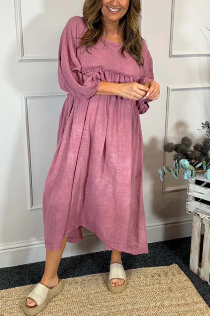 Women's casual solid color cotton and linen half-sleeved dress