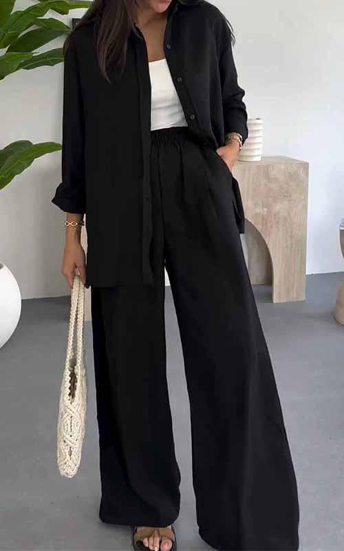 Women's Lapel Single Breasted Shirt Paired with Long Pants Two Piece Suit