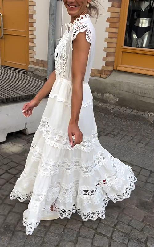 Women's Round Neck Solid Color Hollow Dress