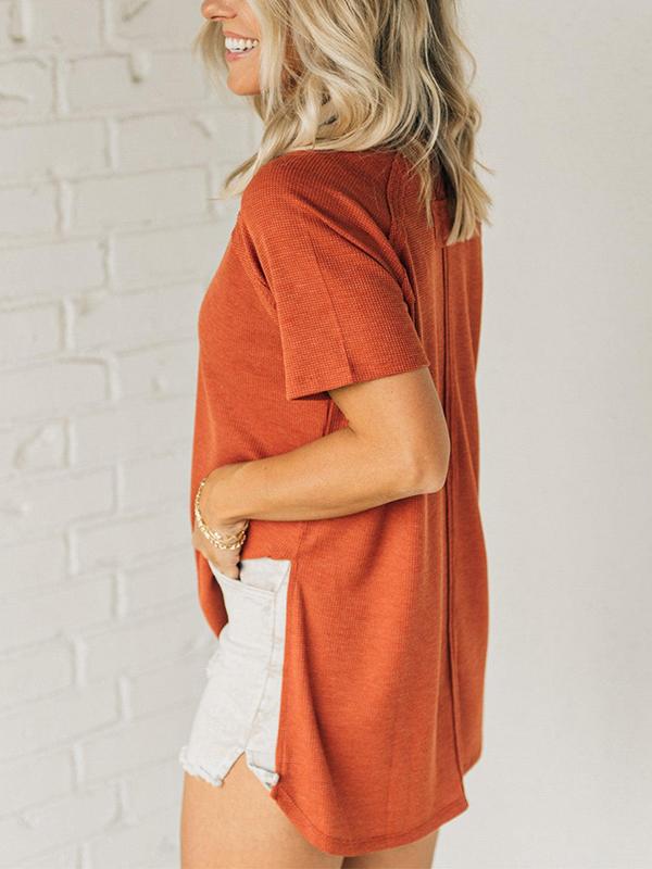 Women's Round Neck Solid Color Ribbed Short Sleeve Top