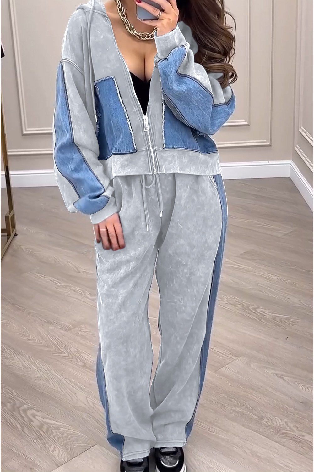 Women's Knitted Patchwork Denim Cardigan Top and Pants Two-piece Set