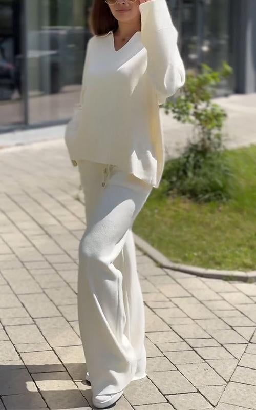 Women's V-neck Solid Color Long-sleeved Two-piece Suit