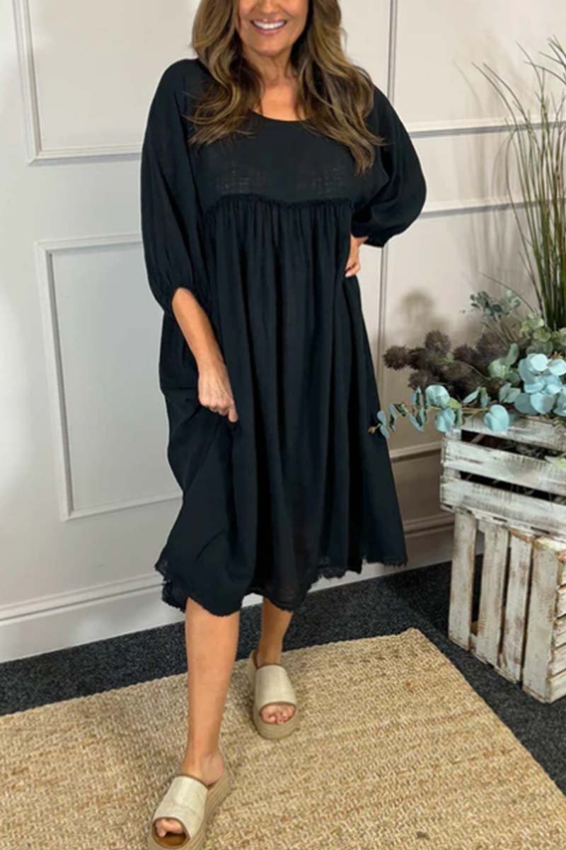 Women's casual solid color cotton and linen half-sleeved dress