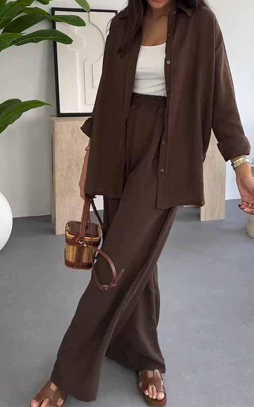 Women's Lapel Single Breasted Shirt Paired with Long Pants Two Piece Suit