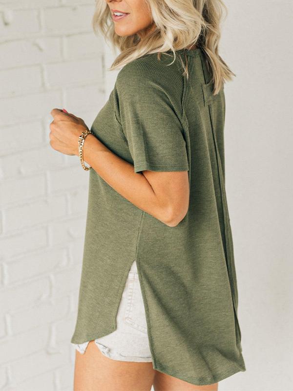 Women's Round Neck Solid Color Ribbed Short Sleeve Top