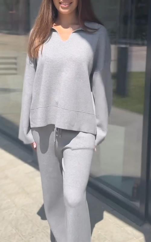Women's V-neck Solid Color Long-sleeved Two-piece Suit