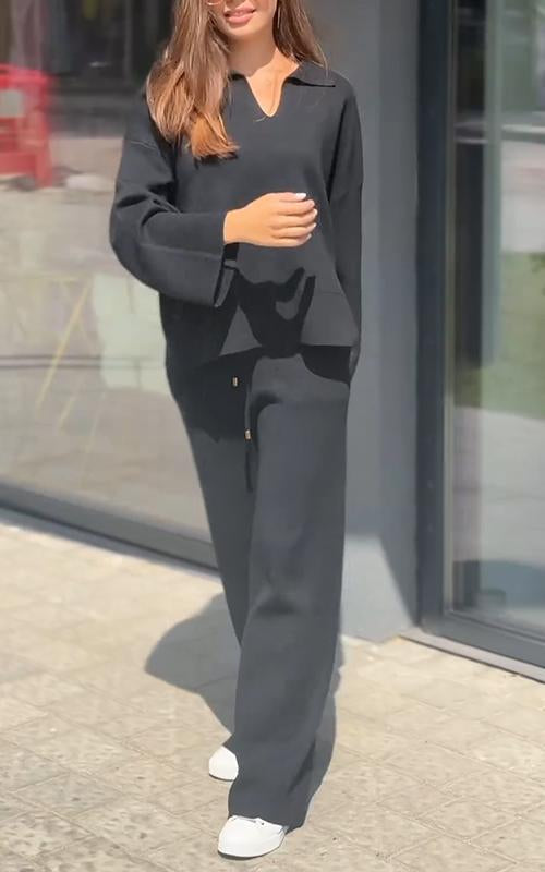 Women's V-neck Solid Color Long-sleeved Two-piece Suit