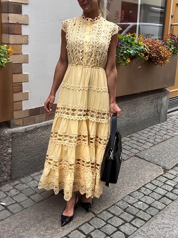 Women's Round Neck Solid Color Hollow Dress